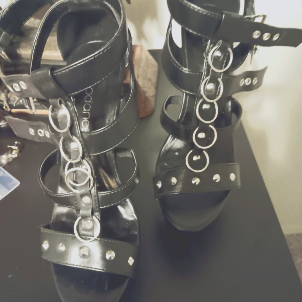 Black Strappy Sandals with Silver Accents